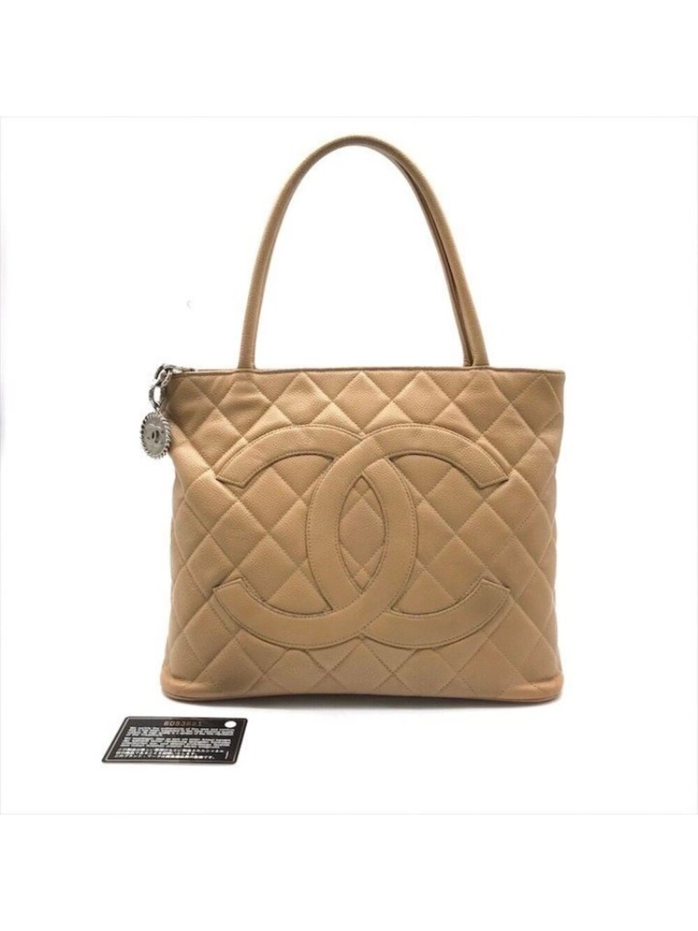 Chanel CC Logo Quilted Caviar Leather Tote Medallion Beige Silver